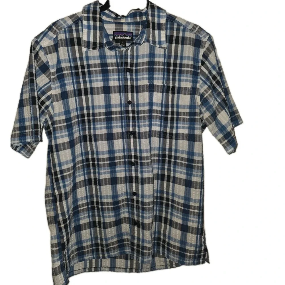 Patagonia Puckerware Men's Shirt White Black Blue Plaid Sz M Gorpcore